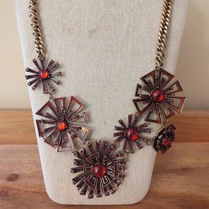 3 for $15 Starburst Floral Gold & Red Rhinestone Chunky 22" Necklace